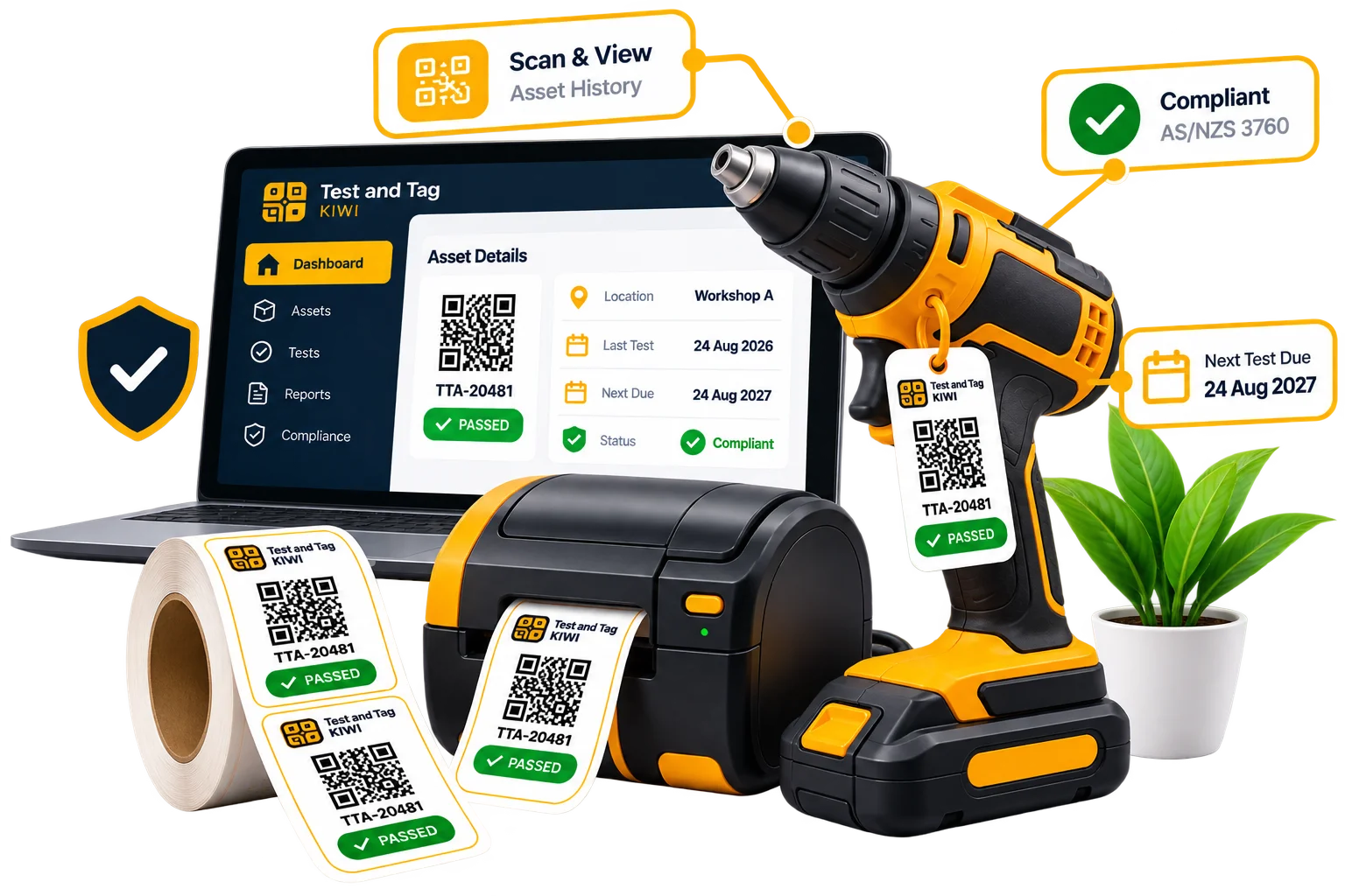 QR Asset Tracking interface showing scanned asset details